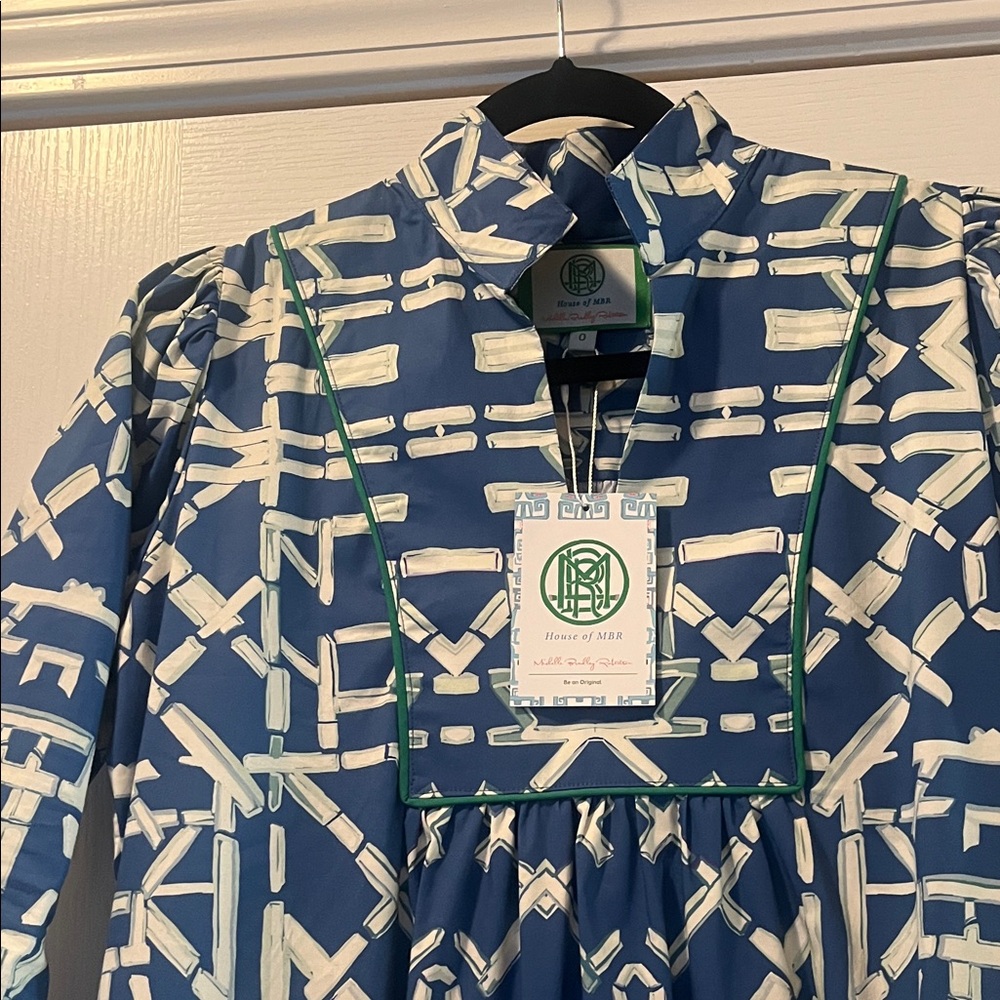 Geometric Blue and White 3/4 Sleeve Dress-Green Piping- Side Slits - Picture 2 of 2